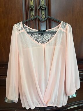 by & by Pale Pink Lace Yoke Surplice Blouse